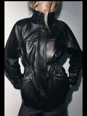 Zara Black 100%  leather  High-Neck Jacket adjustable waist . NWT size xs/ s
